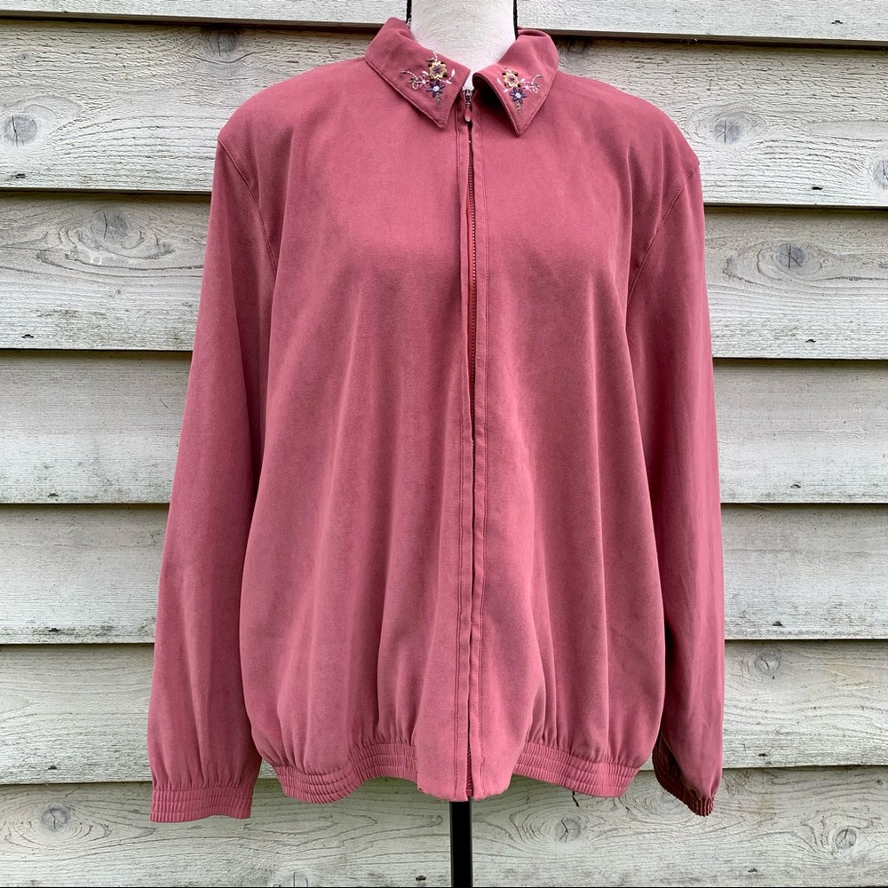 Vintage 80s Dusty Rose Floral Embroidered Long Sleeve Zip Up Front Casual Jacket